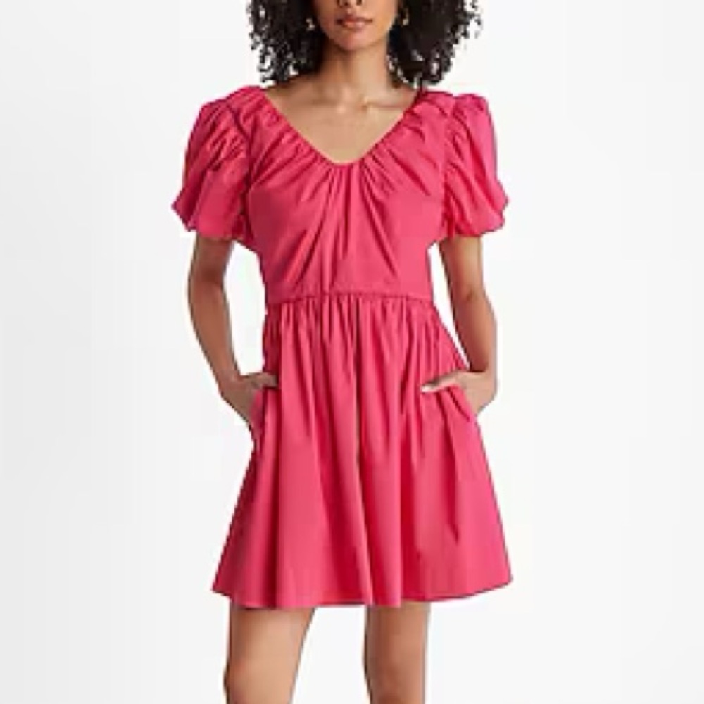 Express V-Neck Puff Sleeve Poplin Mini Dress XL NWT